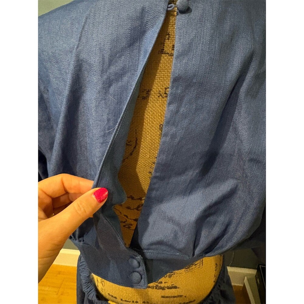 J. Brooks Dress Womens 1X Blue Midi V-Neck Button Front Cutout Waist 3/4 - Picture 9 of 13